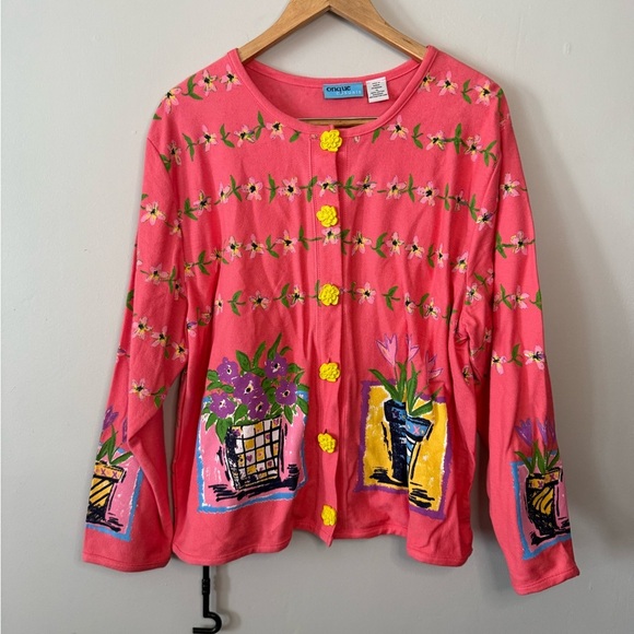 90s Onque Casuals Bright Pink Floral Sweater – XL – 3D Flower Buttons - Picture 1 of 5